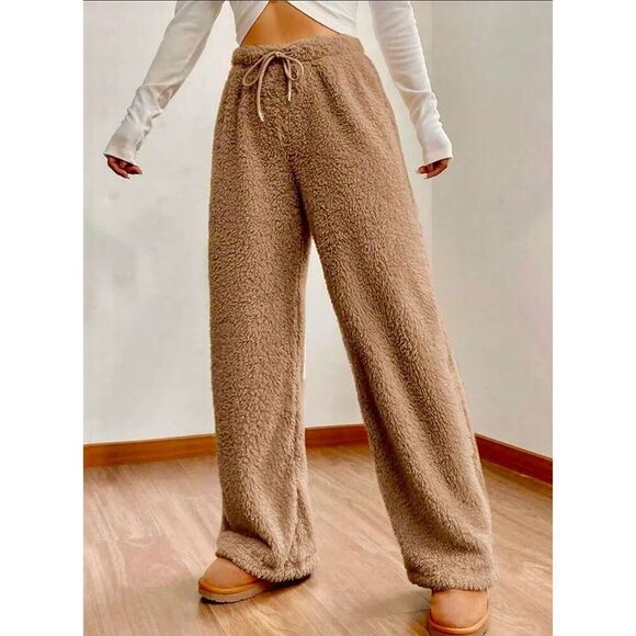 NWT Gorgeous L Cozy Fluffy Sherpa lk Tan Wide Leg Elastic Drawstring Teddy Pants - Picture 6 of 12